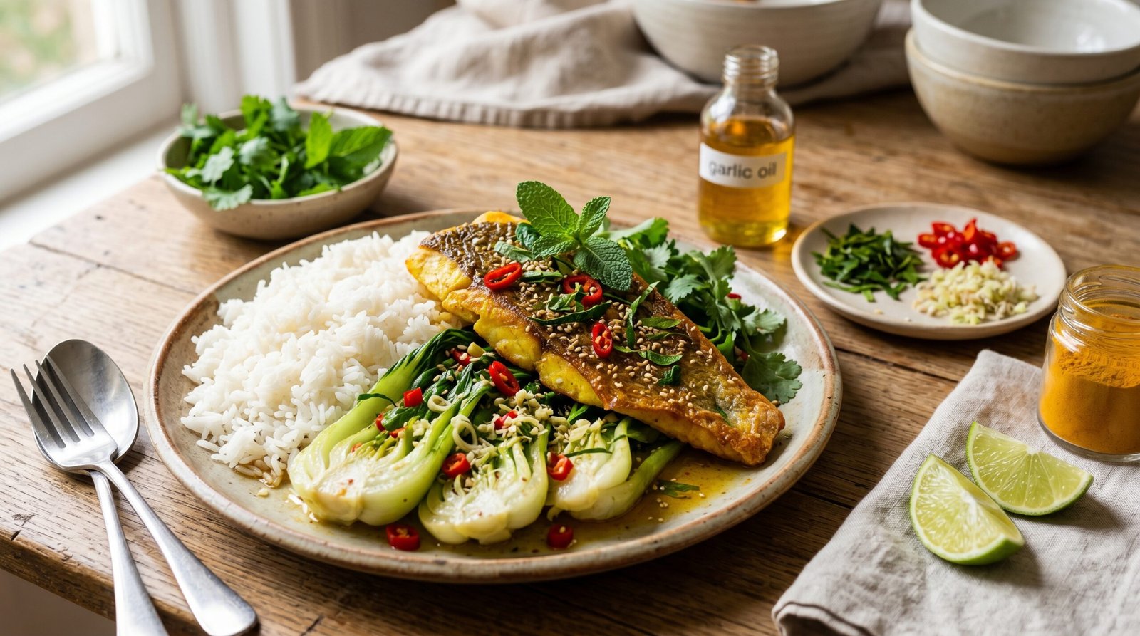 Low FODMAP snapper bok choy and garlic rice meal recipe